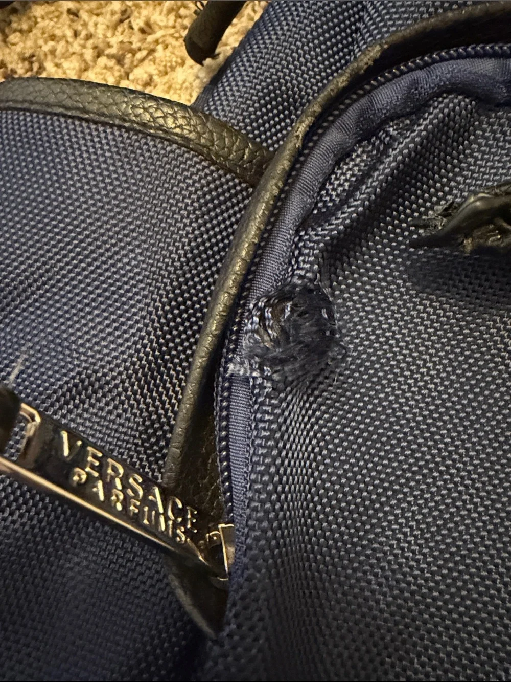 VERSACE Parfums Navy Blue and Black Men's Drawstring Backpack. Used condition.